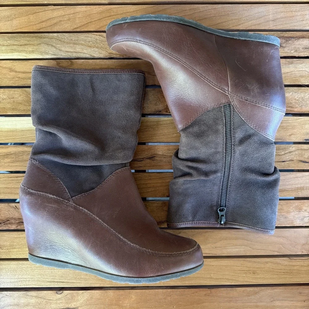 Cougar Lorraine Waterproof Boots Womens 9 Brown Leather Suede Slouch Wedge Zip